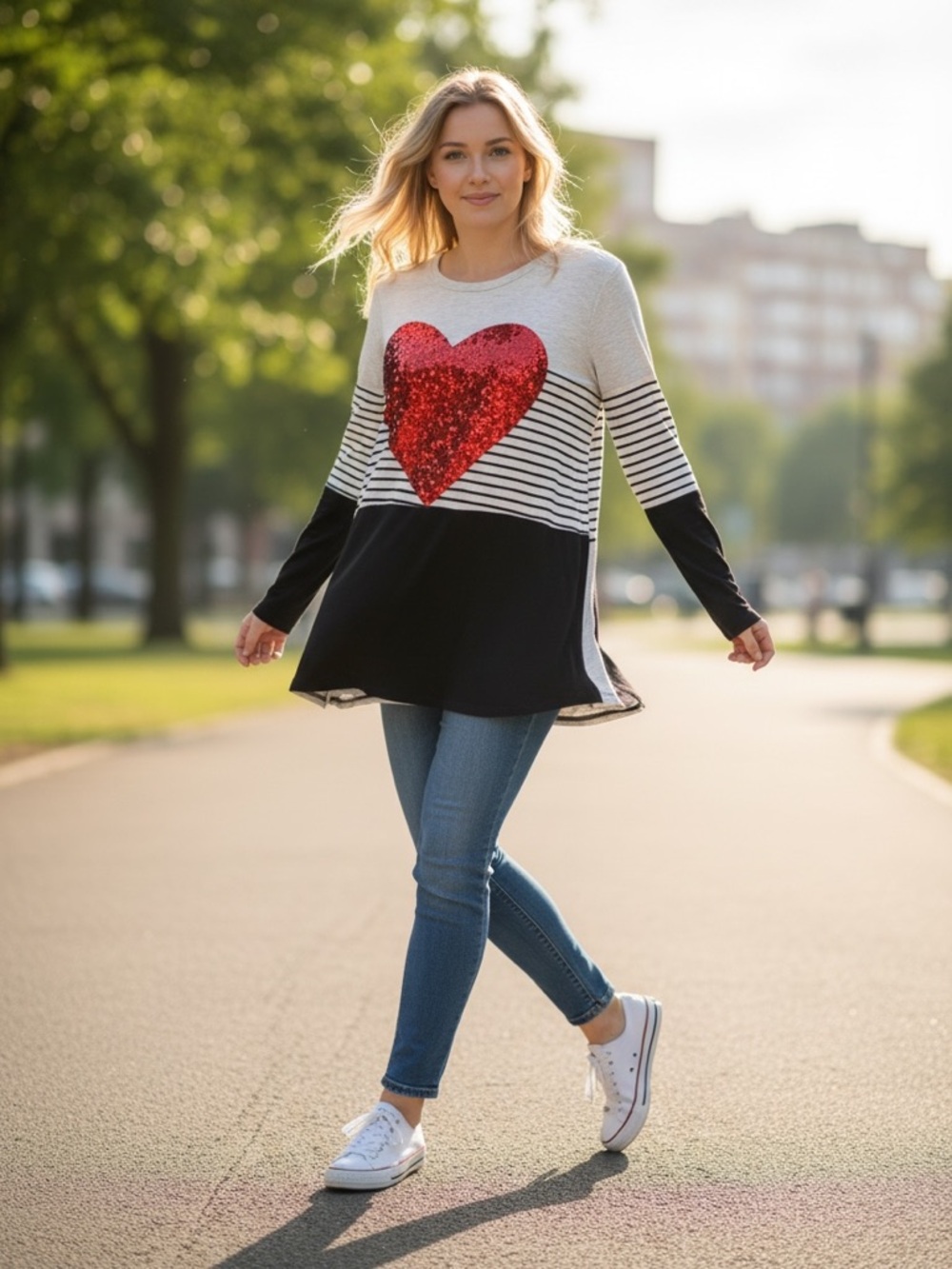 Sequin Heart Top Size Large | Statement Graphic Shirt | Cute Casual Sparkle Tee - Picture 3 of 5
